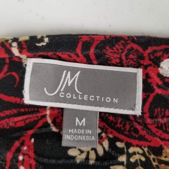 JM Collections Red Black Tan White Floral Scoop Neck Stretchy Top Size Medium - Picture 4 of 5